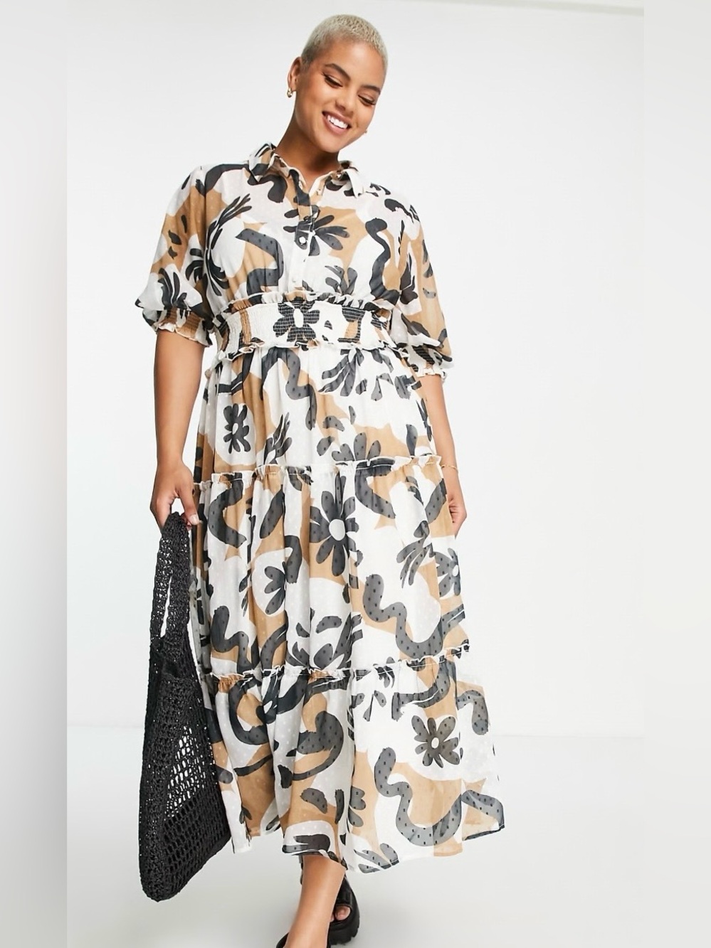 ASOS Tiered Maxi Dress in White, Black & Tan Floral Print Sz 22
